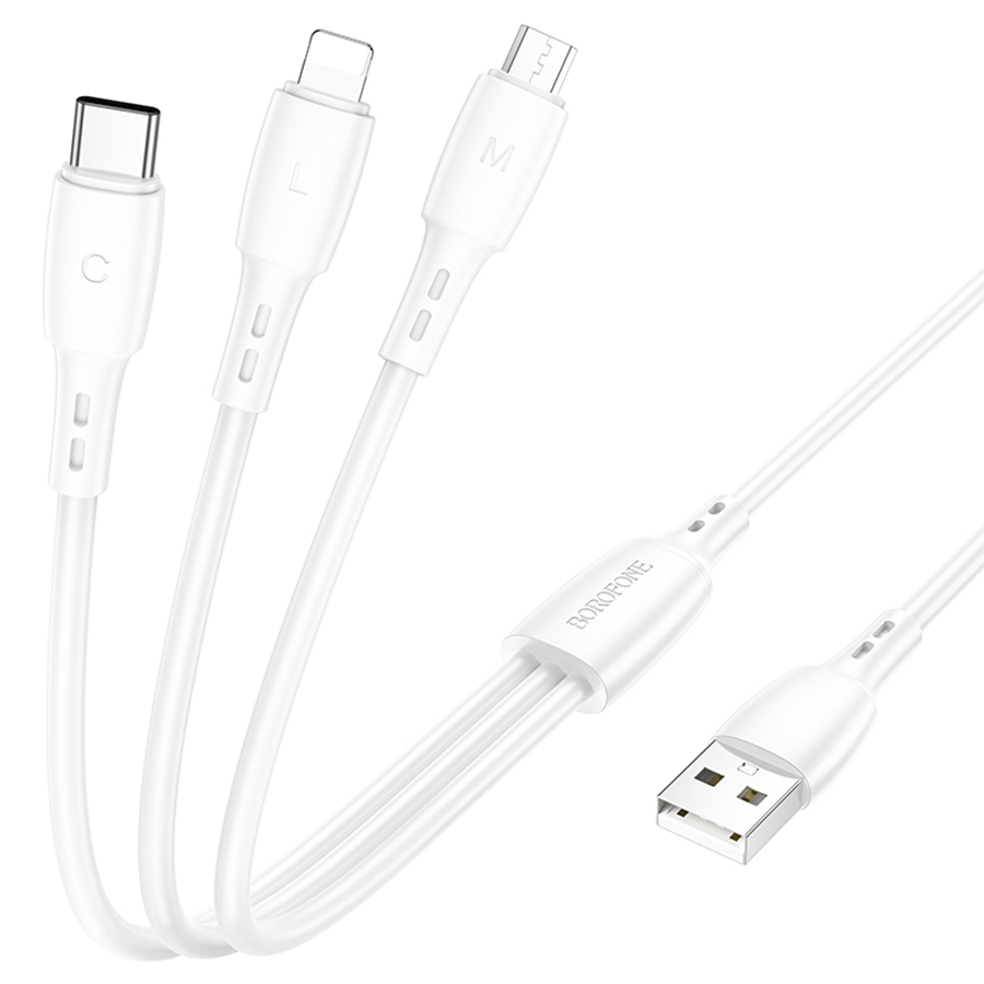 Кабель USB BOROFONE BX71 3 в 1 USB - Type-C + Lightning + MicroUSB, 2А, 1 м, белый фото