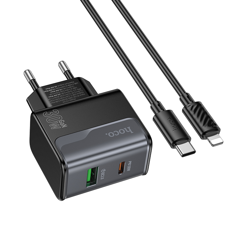 Сетевое зарядное устройство HOCO CS73A Star 1xUSB + 1xUSB-C с Кабелем Type-C - Lightning, 3A, 30W, черный фото