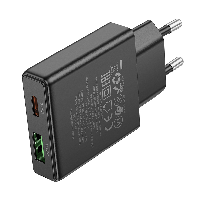 Сетевое зарядное устройство HOCO N38 Delgado 1xUSB + 1xUSB-C, 3A, 20W, черный фото