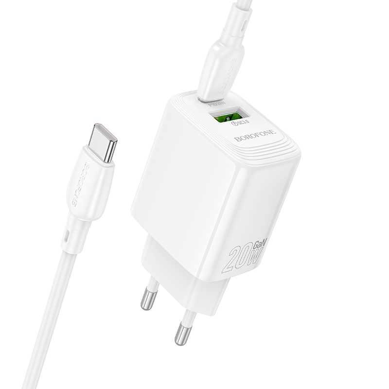 Сетевое зарядное устройство BOROFONE BN27 Fuente 1xUSB + 1xUSB-C с Кабелем Type-C - Type-C, 3A, 20W, белый фото