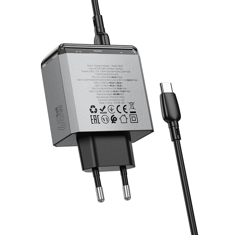 Сетевое зарядное устройство BOROFONE BN22 Lena 1xUSB + 2xUSB-C с Кабелем Type-C - Type-C, 3A, 65W, серый металлик фото