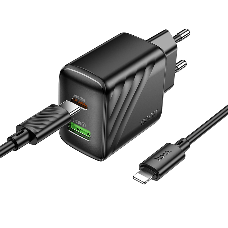 Сетевое зарядное устройство HOCO CS25A Rico 1xUSB + 1xUSB-C с Кабелем Type-C - Lightning, 3A, 20W, черный фото