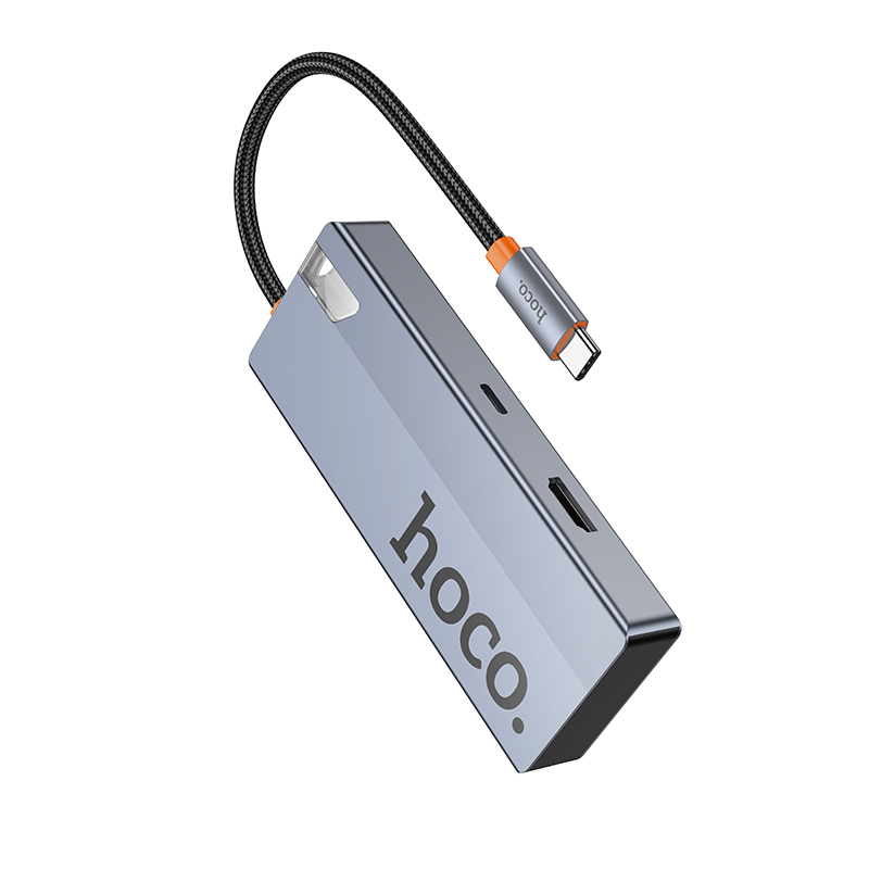 Переходник/Адаптер HOCO HB50 Wow 5 в 1 Type-C (m) - 3xUSB3.0 + Type-C PD + HDMI, 19 см, серый металлик фото