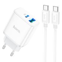 Сетевое зарядное устройство HOCO C105A Stage 1xUSB + 1xUSB-C с Кабелем Type-C - Type-C, 3A, 20W, белый фото