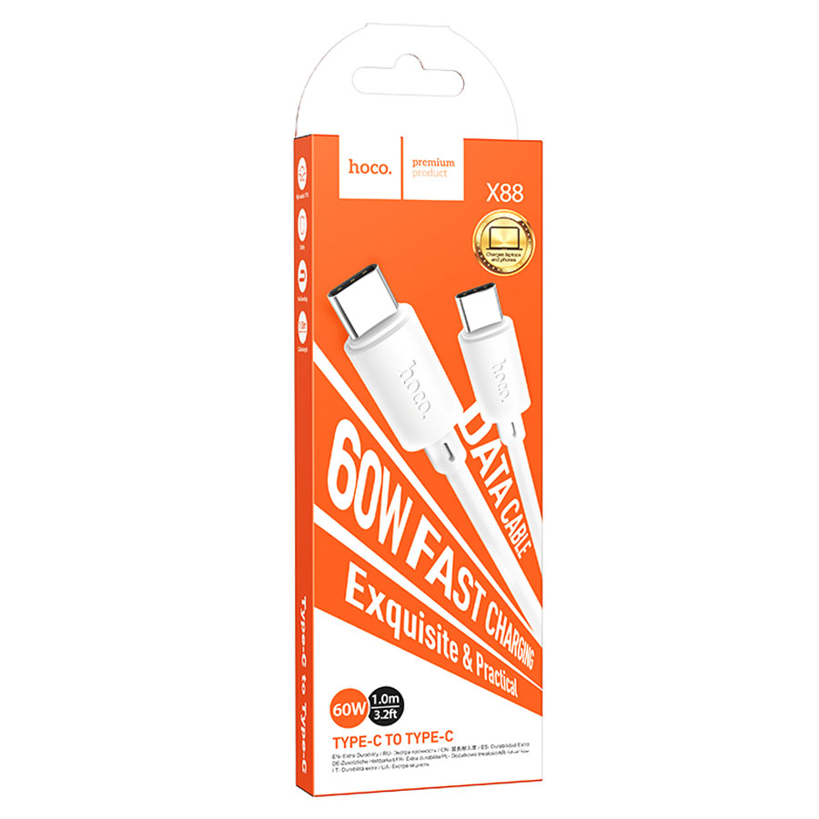 Кабель USB-C HOCO X88 Gratified Type-C - Type-C, 3A, 60W, 1 м, белый фото