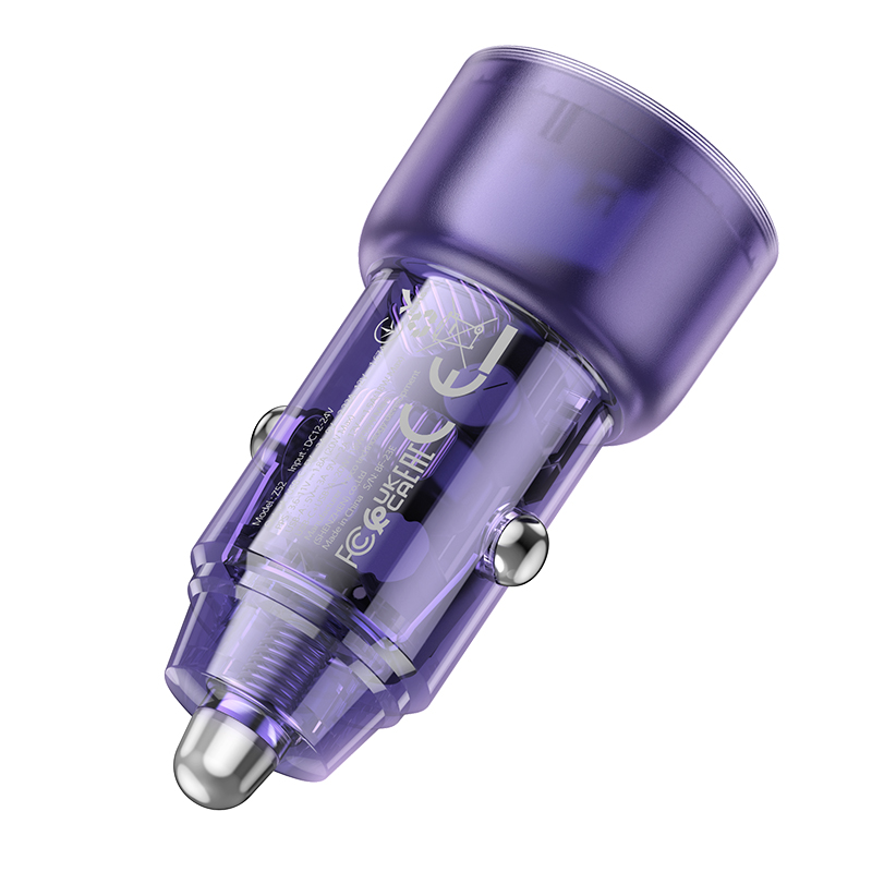 Автомобильное зарядное устройство HOCO Z52 Spacious, 1xUSB + 1xUSB-C, 38W, прозрачный фиолетовый фото