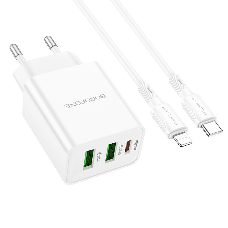 Сетевое зарядное устройство BOROFONE BA70A Quick 2xUSB + 1xUSB-C с Кабелем Type-C - Lightning, 3A, 20W, белый фото