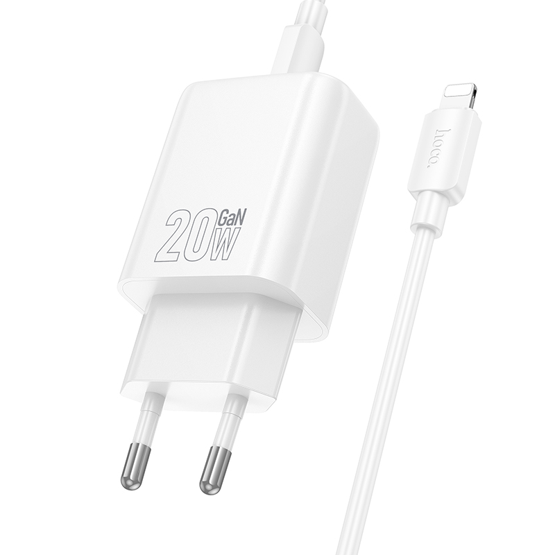 Сетевое зарядное устройство HOCO N61 Gentle 1xUSB + 1xUSB-C с Кабелем Type-C - Lightning, 3A, 20W, белый фото
