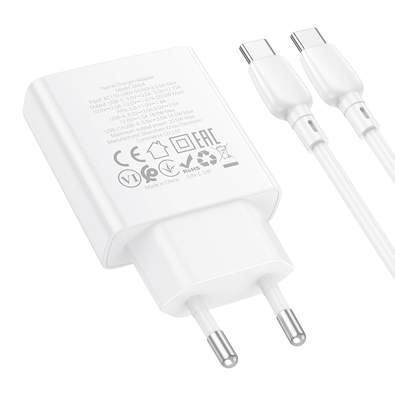 Сетевое зарядное устройство BOROFONE BN24 Wish 1xUSB + 1xUSB-C с Кабелем Type-C - Type-C, 3A, 20W, белый фото