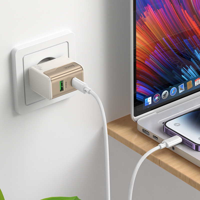 Сетевое зарядное устройство HOCO CS71A Star 1xUSB + 1xUSB-C с Кабелем Type-C - Lightning, 3A, 20W, белый фото