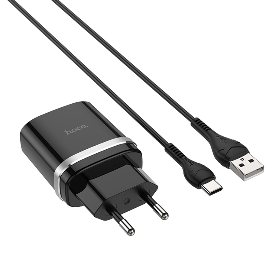 Сетевое зарядное устройство HOCO C12Q Smart 1xUSB с Кабелем USB - Type-C, 3A, 18W, черный фото