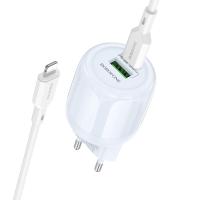Сетевое зарядное устройство BOROFONE BA94A Lustrous 1xUSB + 1xUSB-C с Кабелем Type-C - Lightning, 3A, 30W, синий фото