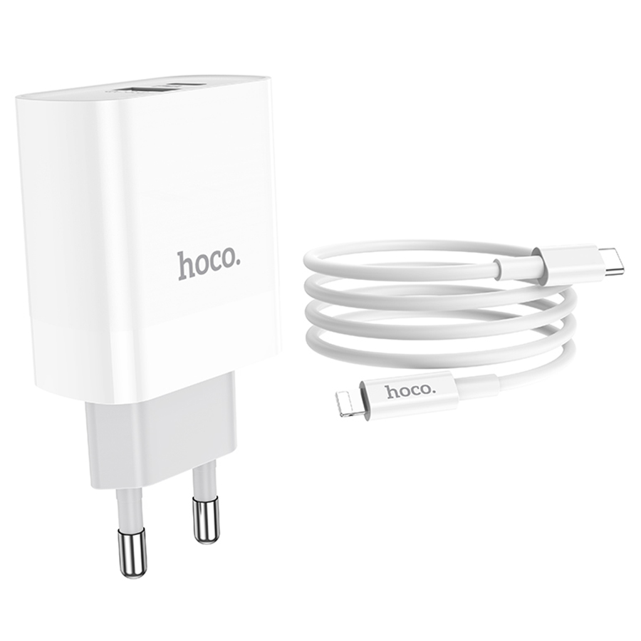 Сетевое зарядное устройство HOCO C80A Rapido 1xUSB + 1xUSB-C с Кабелем Type-C - Lightning, 3.1A, 20W, белый фото