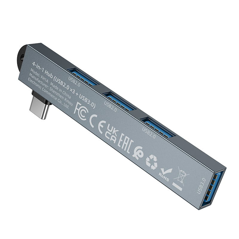 Переходник/Адаптер BOROFONE FH1A 4 в 1 Type-C (m) - 1xUSB3.0 (f) + 3xUSB2.0 (f), серый металлик фото