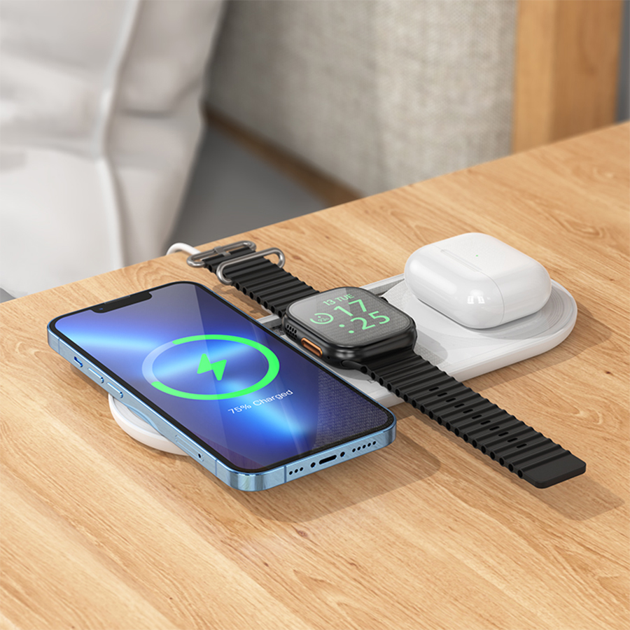 Беспроводное зарядное устройство BOROFONE BQ19 Powerful 3-in-1 для iPhone+Airpods+Apple Watch, 3A, 5W/7.5W/10W/15W, белый фото
