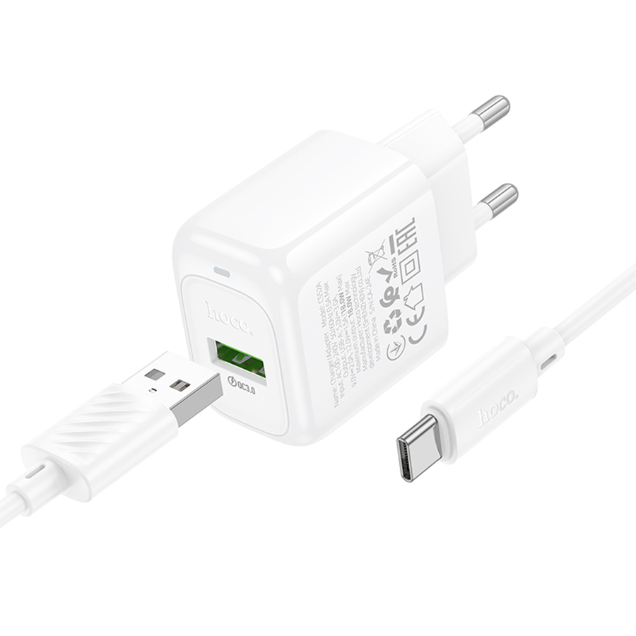 Сетевое зарядное устройство HOCO CS52A Surplus 1xUSB с Кабелем USB - Type-C, 18W, белый фото