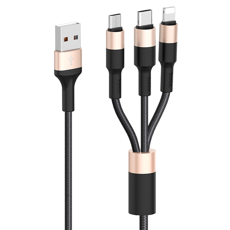 Кабель USB HOCO X26 Xpress 3 в 1 USB - Type-C + Lightning + MicroUSB, 2А, 1 м, черный+золотой фото