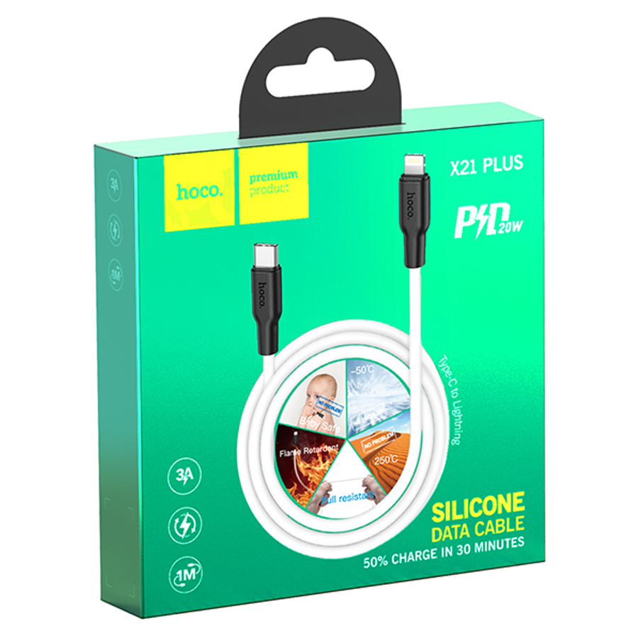 Кабель USB-C HOCO X21 Plus Silicone Type-C - Lightning, 3A, 1 м, черный+белый фото