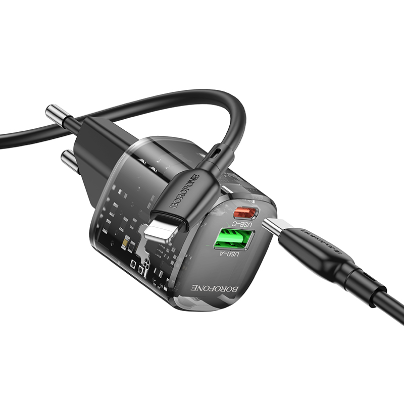 Сетевое зарядное устройство BOROFONE BN17 Sunlight 1xUSB + 1xUSB-C с Кабелем Type-C - Lightning, 3A, 20W, прозрачный черный фото