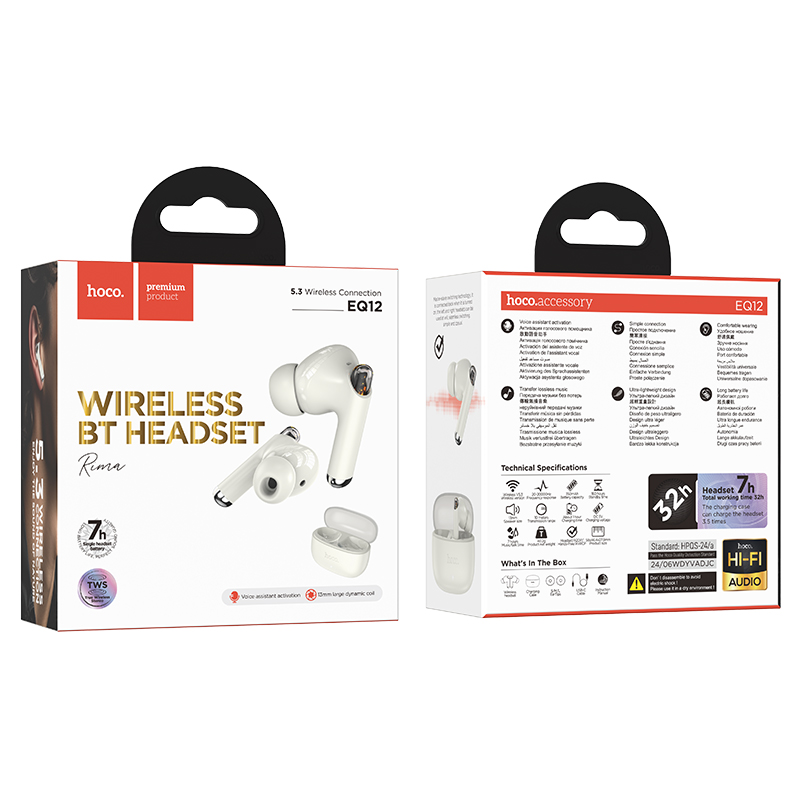 Беспроводные наушники TWS HOCO EQ12 Rima, Bluetooth 5.3, белый фото