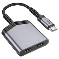 Переходник/Адаптер HOCO LS40 Type-C (m) - Dual Type-C (f), 8 см, серый металлик фото