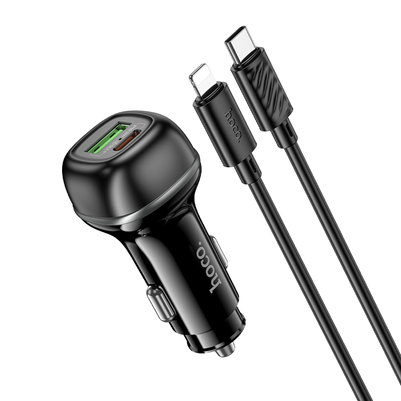 Автомобильное зарядное устройство HOCO Z58A Rank, 1xUSB + 1xUSB-C с Кабелем Type-C - Lightning, 48W, черный фото