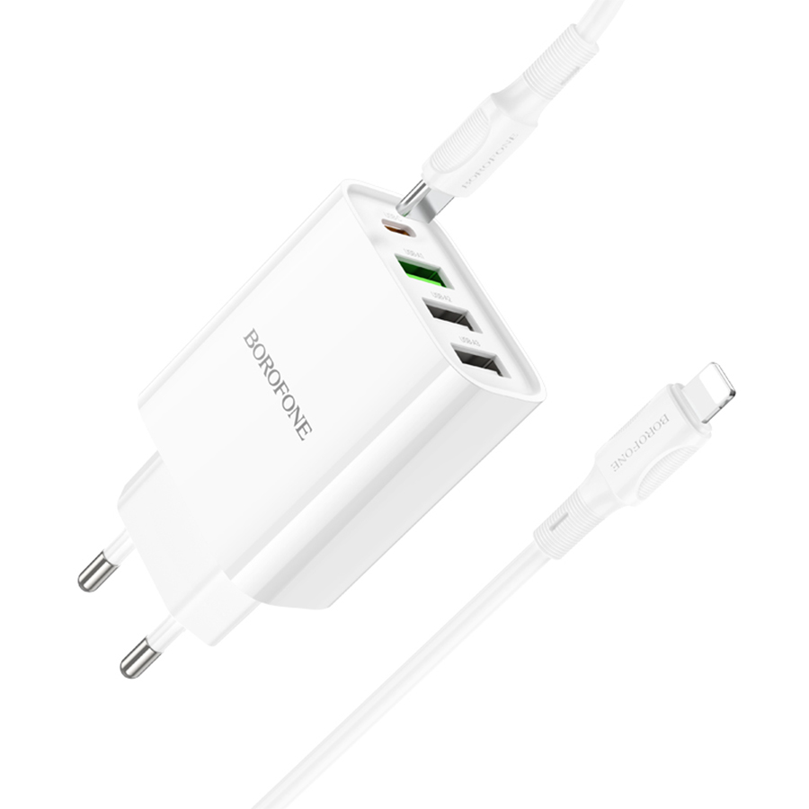 Сетевое зарядное устройство BOROFONE BA79A Clever 3xUSB + 1xUSB-C с Кабелем Type-C - Lightning, 20W, белый фото