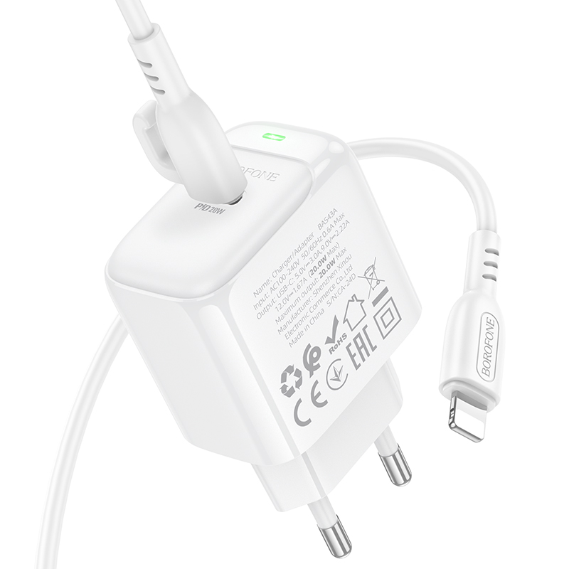 Сетевое зарядное устройство BOROFONE BAS43A Potential 1xUSB-C с Кабелем Type-C - Lightning, 20W, белый фото