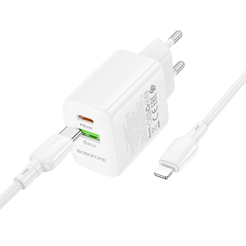 Сетевое зарядное устройство BOROFONE BN29 Fuente 1xUSB + 1xUSB-C с Кабелем Type-C - Lightning, 3A, 30W, белый фото