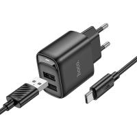 Сетевое зарядное устройство HOCO C141A Smart 2xUSB с Кабелем USB - Type-C, 2.1A, черный фото