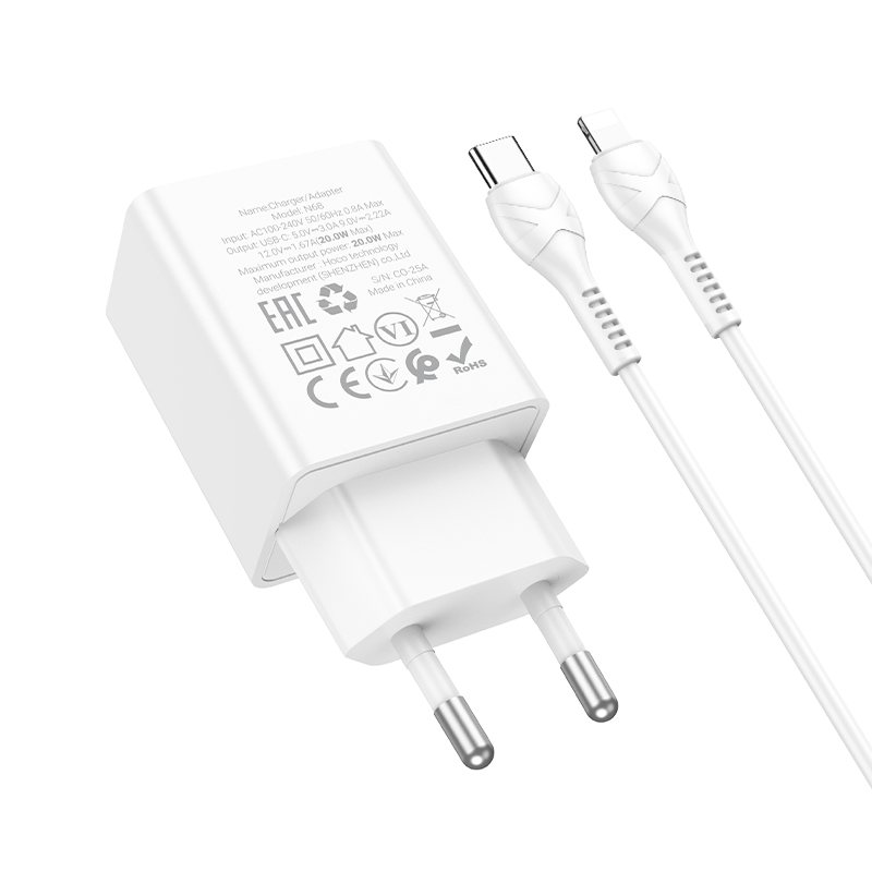 Сетевое зарядное устройство HOCO N68 Nuevo 1xUSB-C с Кабелем Type-C - Lightning, 20W, белый фото