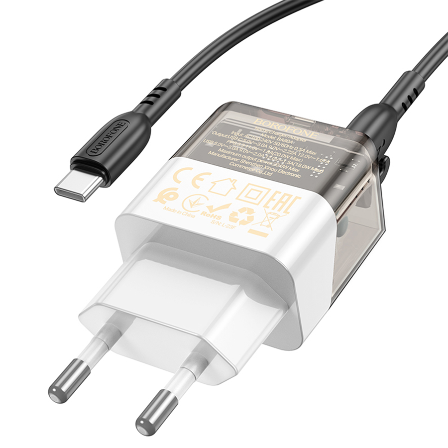Сетевое зарядное устройство BOROFONE BA80A Scenery 1xUSB + 1xUSB-C с Кабелем Type-C - Type-C, 20W, черный фото
