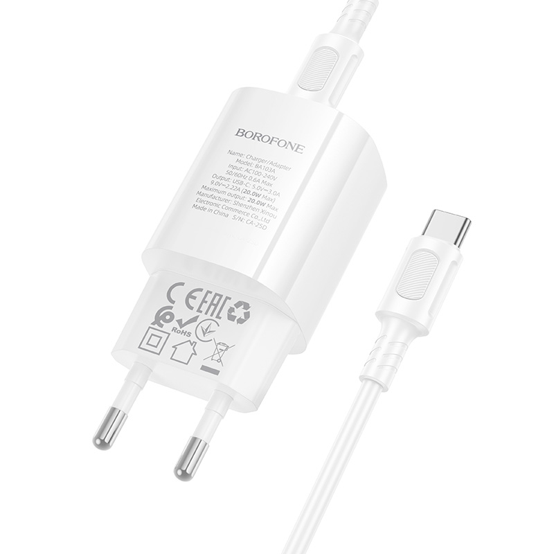 Сетевое зарядное устройство BOROFONE BA103A Pudding 1xUSB-C с Кабелем Type-C - Type-C, 20W, белый фото