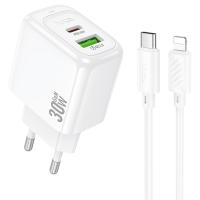Сетевое зарядное устройство HOCO CS55A Surplus 1xUSB + 1xUSB-C с Кабелем Type-C - Lightning, 30W, белый фото
