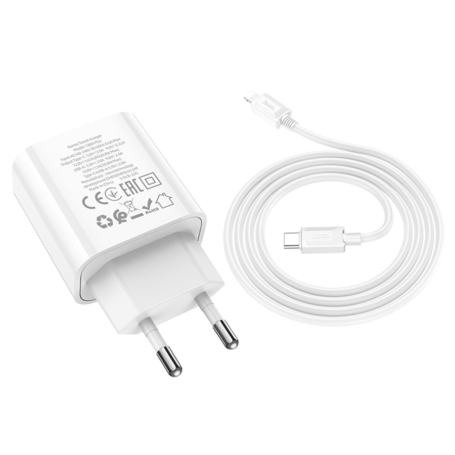 Сетевое зарядное устройство HOCO C80A Plus 1xUSB + 1xUSB-C с Кабелем Type-C - Lightning, 3.0A, 20W, белый фото