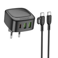 Сетевое зарядное устройство BOROFONE BAS23A Lucky 1xUSB + 2xUSB-C с Кабелем Type-C - Type-C, 3A, 30W, черный фото
