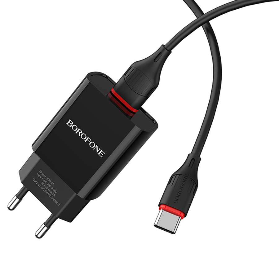 Сетевое зарядное устройство BOROFONE BA20A Sharp 1xUSB с Кабелем USB - Type-C, 2.1A, 10W, черный фото