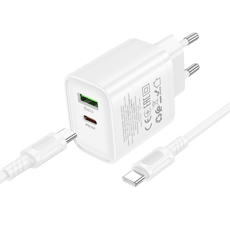 Сетевое зарядное устройство BOROFONE BA83A Flare star 1xUSB + 1xUSB-C с Кабелем Type-C - Type-C, 3A, 20W, белый фото