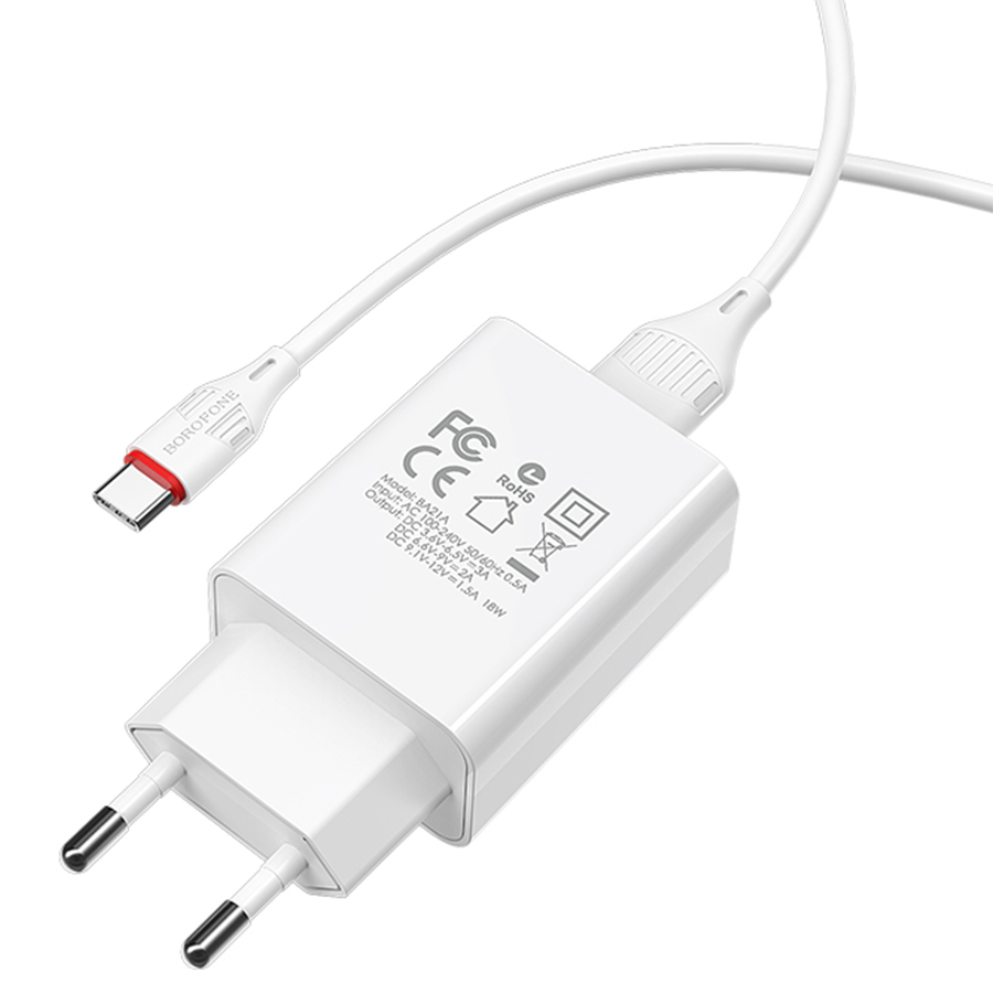 Сетевое зарядное устройство BOROFONE BA21A Long journey 1xUSB с Кабелем USB - Type-C, 3A, 18W, белый фото