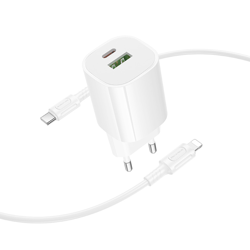 Сетевое зарядное устройство BOROFONE BA104A Pudding 1xUSB + 1xUSB-C с Кабелем Type-C - Lightning, 3A, 20W, белый фото