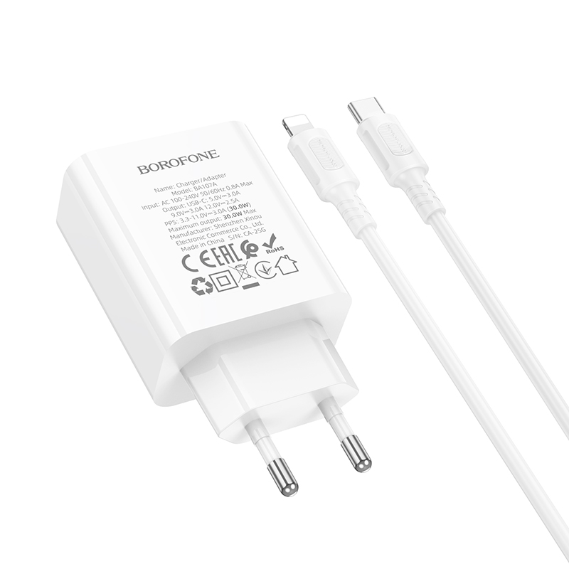 Сетевое зарядное устройство BOROFONE BA107A Stellar 1xUSB-C с Кабелем Type-C - Lightning, 30W, белый фото