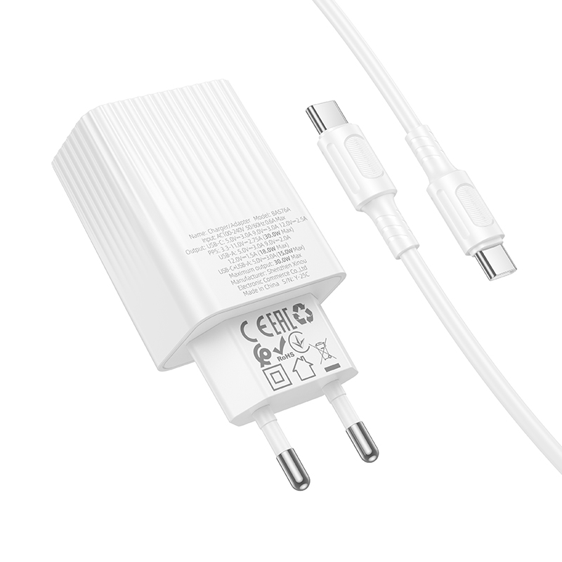 Сетевое зарядное устройство BOROFONE BAS76A Source 1xUSB + 1xUSB-C с Кабелем Type-C - Type-C, 3A, 30W, белый фото