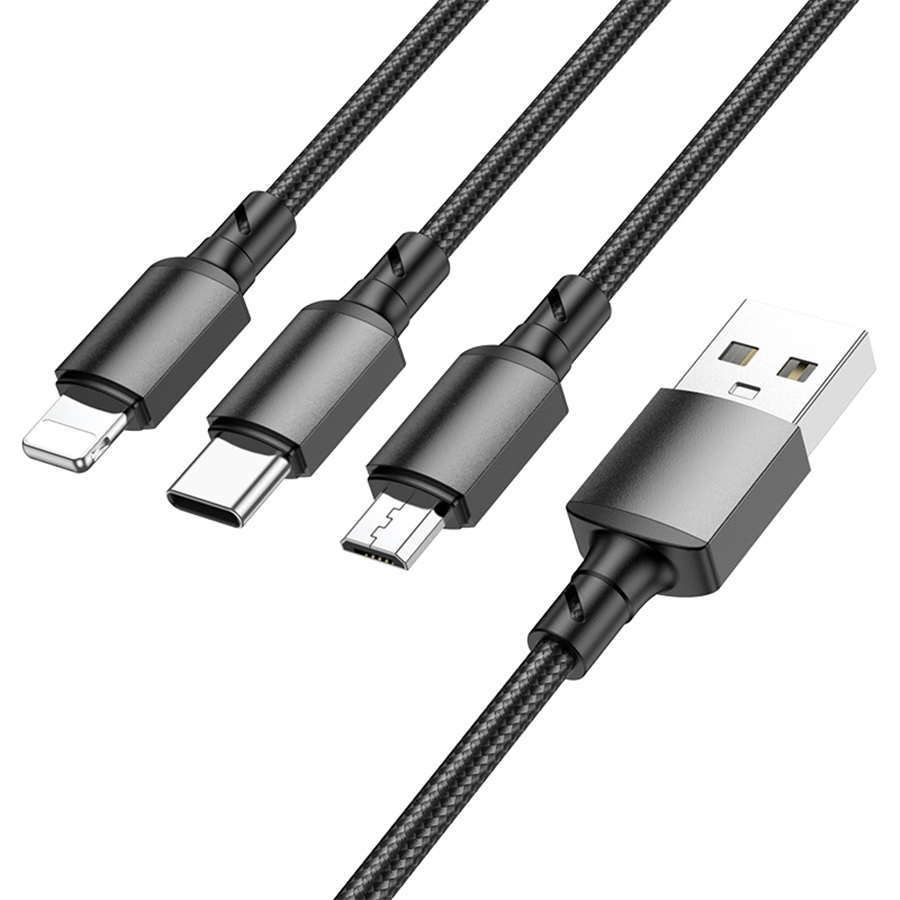 Кабель USB BOROFONE BX72 3 в 1 USB - Type-C + Lightning + MicroUSB, 2А, 1 м, черный фото