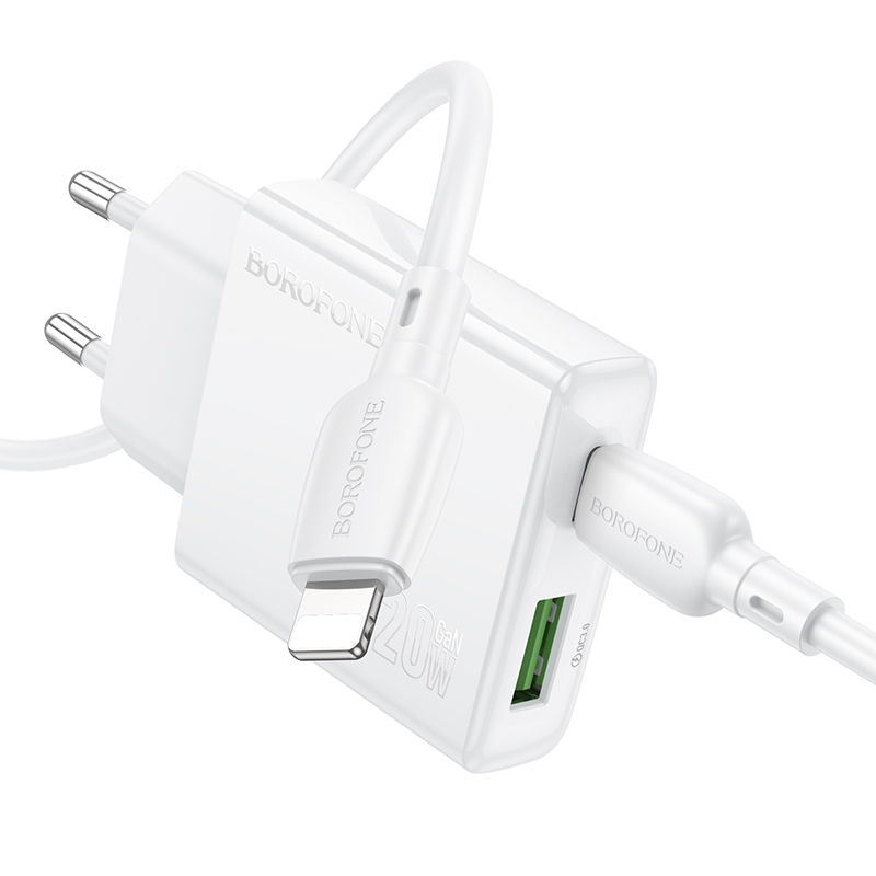 Сетевое зарядное устройство BOROFONE BN24 Wish 1xUSB + 1xUSB-C с Кабелем Type-C - Lightning, 3A, 20W, белый фото