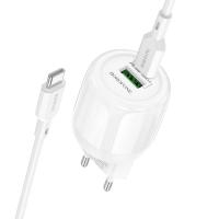 Сетевое зарядное устройство BOROFONE BA93A Lustrous 1xUSB + 1xUSB-C с Кабелем Type-C - Type-C, 3A, 20W, белый фото