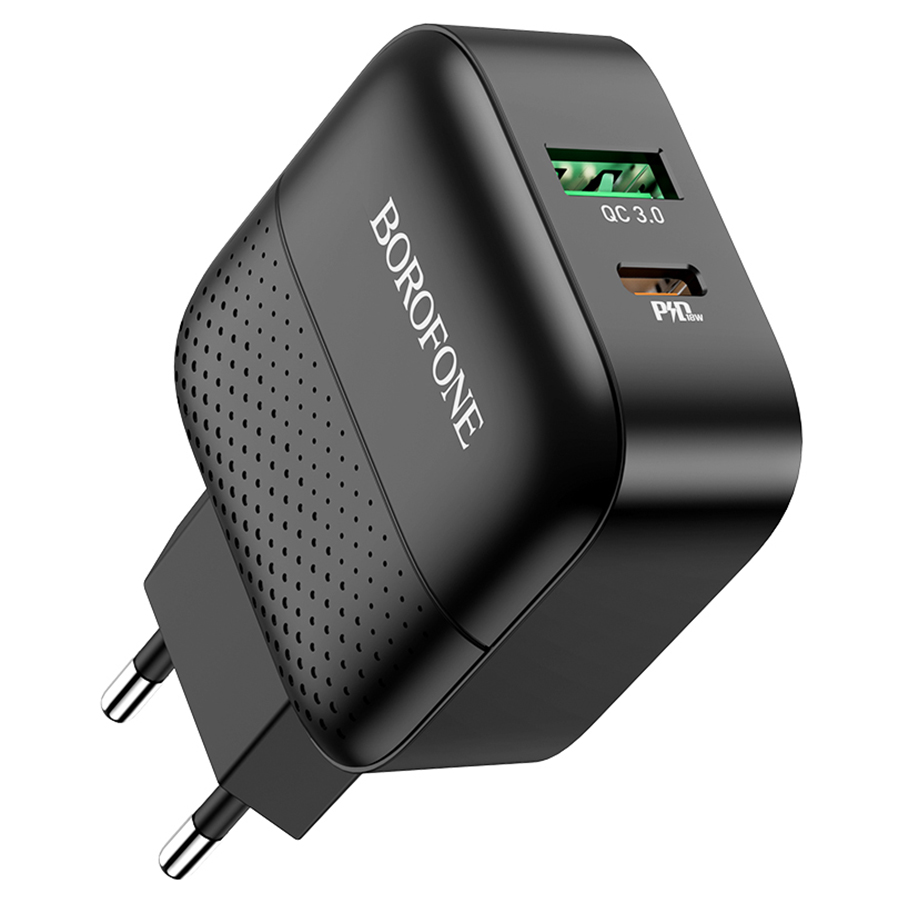 Сетевое зарядное устройство BOROFONE BA46A Premium 1xUSB + 1xUSB-C, 3A, 18W, черный фото