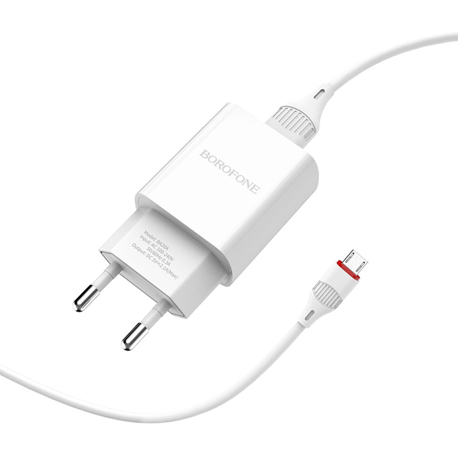 Сетевое зарядное устройство BOROFONE BA20A Sharp 1xUSB с Кабелем USB - Micro, 2.1A, белый фото
