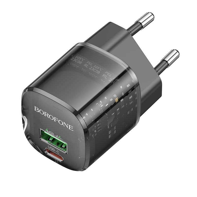 Сетевое зарядное устройство BOROFONE BN17 Sunlight 1xUSB + 1xUSB-C, 3A, 20W, прозрачный черный фото