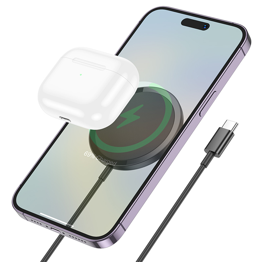 Беспроводное зарядное устройство HOCO CW52 Enjoy magnetic с Кабелем Type-C, 2A, 5W/7.5W/10W/15W, черный фото