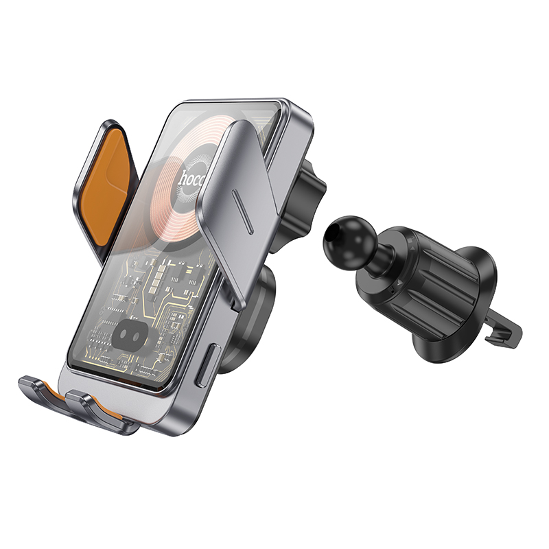 Автомобильный держатель HOCO HW7 Transparent, зажимной с беспроводной зарядкой, 15W, на воздуховод, серый металлик фото